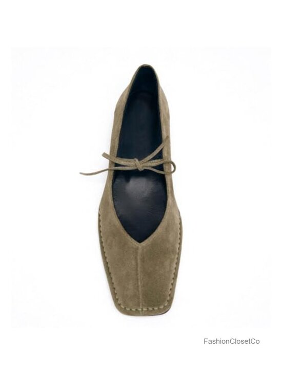 Shoes - Suede Leather Lace Up Ballet Flats Square Toe Mary Jane Slip On Ballerina Shoes